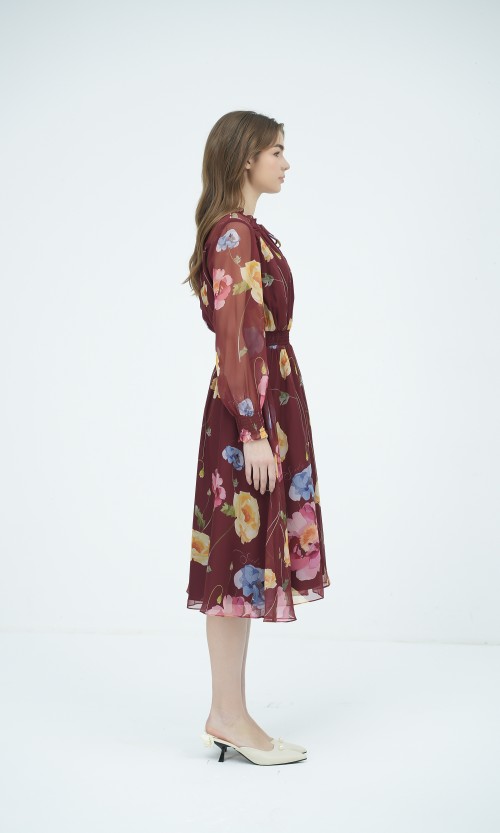 SIXDO G-Wine Floral Voile Flared Dress for Women